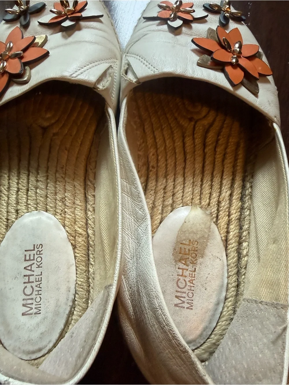 Michael Kors Cream Espadrilles with Orange and Gold Floral Embellishments